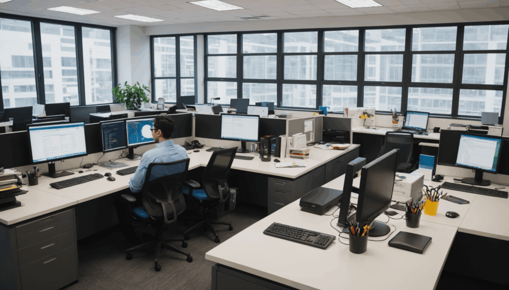整理されたツールと生産性ソフトウェアを表示するコンピュータがあるオフィスの作業スペースで、タスクに集中する人の様子。仕事の効率化を図る環境を表現しています。