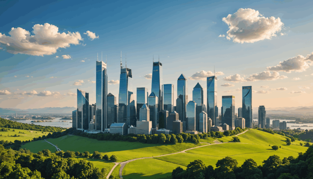 長期投資と資産成長を表現した画像で、株式や債券、不動産のシンボルが描かれ、穏やかな風景が背景にあり、安定性と未来の可能性を伝えています。