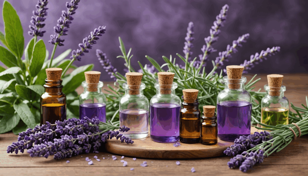 精油とアロマセラピーをテーマにしたアート作品で、ラベンダーやペパーミントなどの植物が描かれ、自然な要素と落ち着いた色合いが強調されています