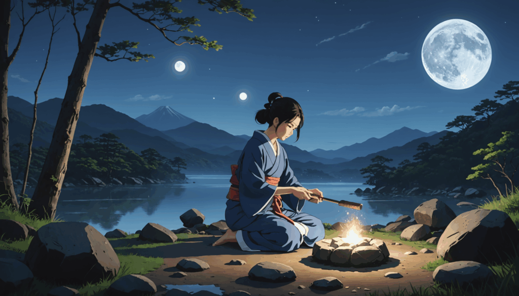 月明かりの下、自然に囲まれた静かな雰囲気の中で、日本人がパワーストーンを浄化している様子。金運や財運を高めるためのアクセサリー作りを意識しています。