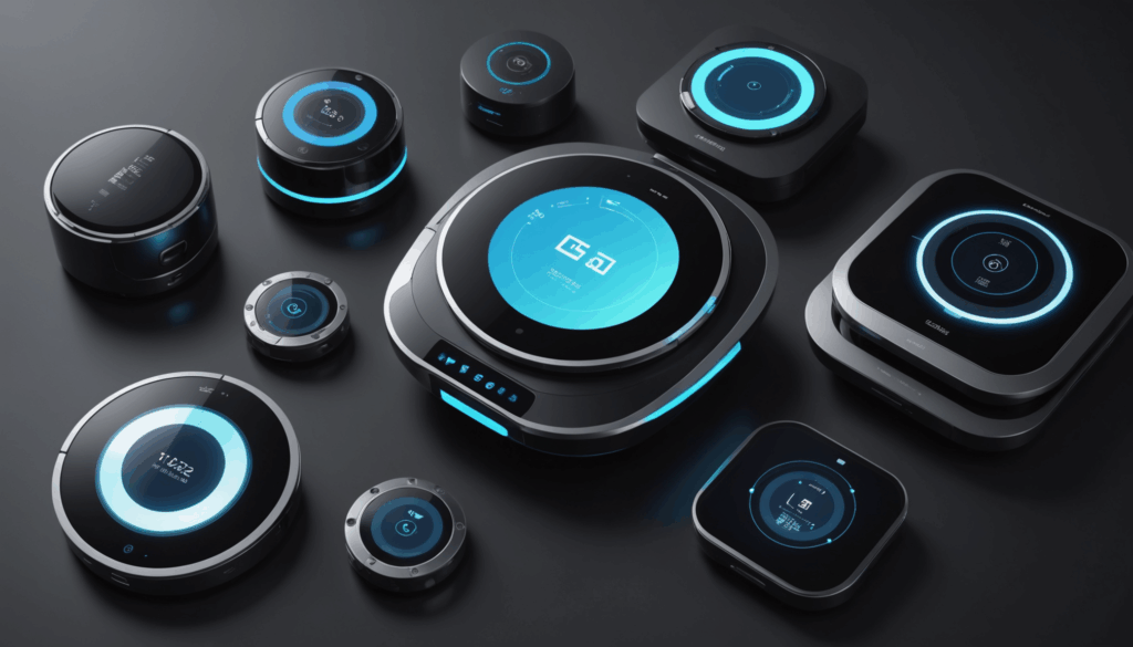 近未来のガジェットやデバイスが、音声操作で生活を便利にする様子を描いた画像。スマート技術の統合が見られます。