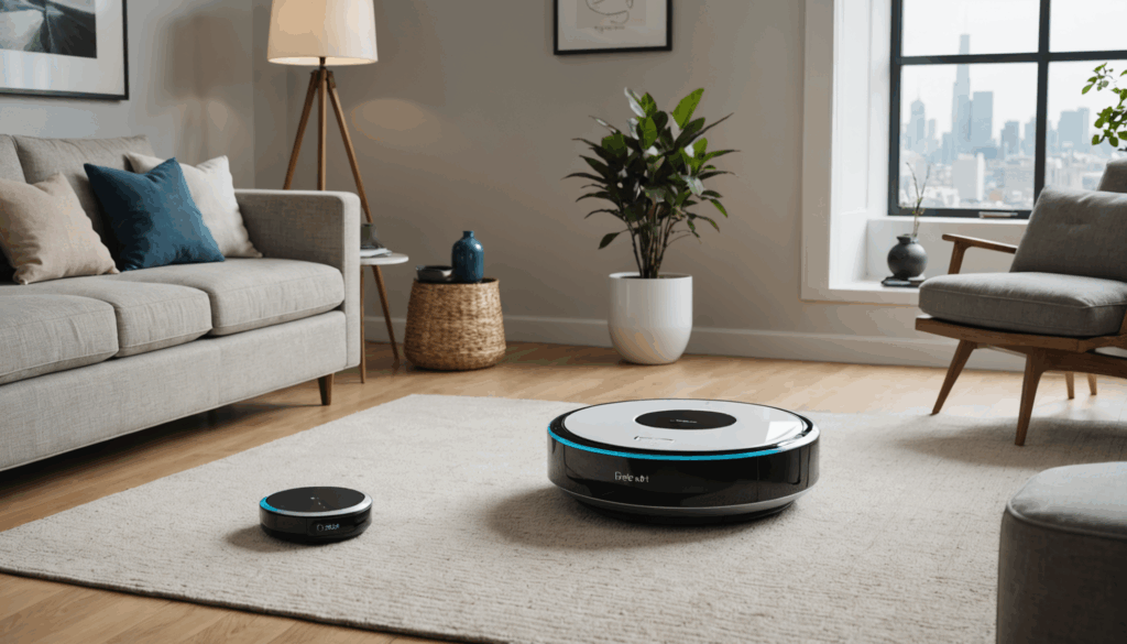 近未来的なガジェットの写真。スマートホームデバイスやAIアシスタントが、現代の生活で自動化された操作を行っている様子