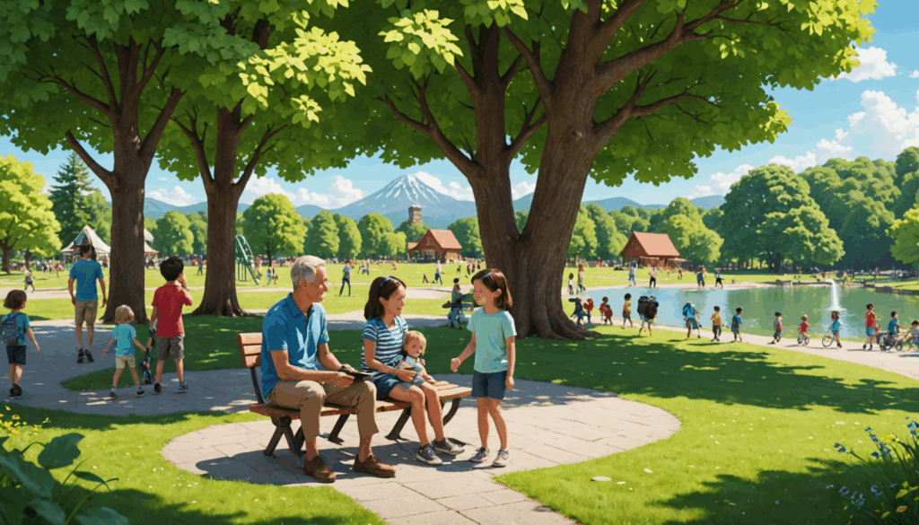 家族が自然を楽しむ旅行の様子。公園で子どもたちが遊び、親がリラックスしている風景。周囲には木々や遊具、動物も見える