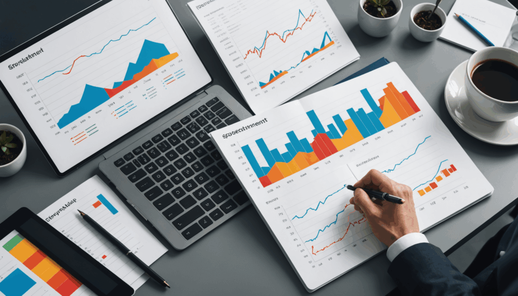 短期投資戦略を表現した抽象的な画像で、動的な市場チャートや通貨シンボル、株式のビジュアルが描かれています