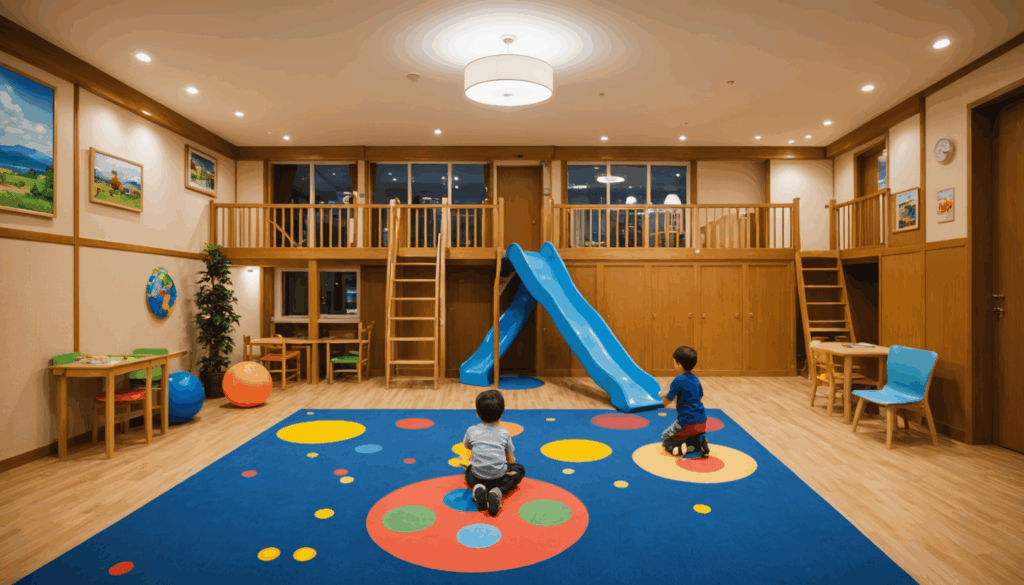 子連れにおすすめの家族向けホテルの写真。子どもが遊ぶエリアや、アクティビティを楽しむ様子が見られる