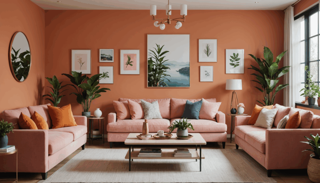 風水に基づいた居心地の良いリビングルームの写真。中央にソファとコーヒーテーブルが配置され、オレンジやピンクの暖色、植物や家族の写真が飾られている様子。