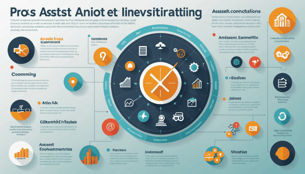 投資のメリットとデメリットを示すインフォグラフィックで、資産の成長やリスク分散、時間のコミットメントをアイコンで表現しています。