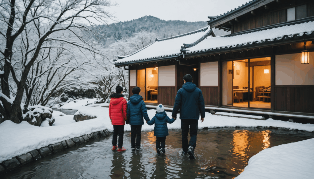 冬の日本での家族旅行の写真。温泉や雪のアクティビティを楽しむ子連れの家族が、幻想的なイルミネーションの中でくつろいでいる様子