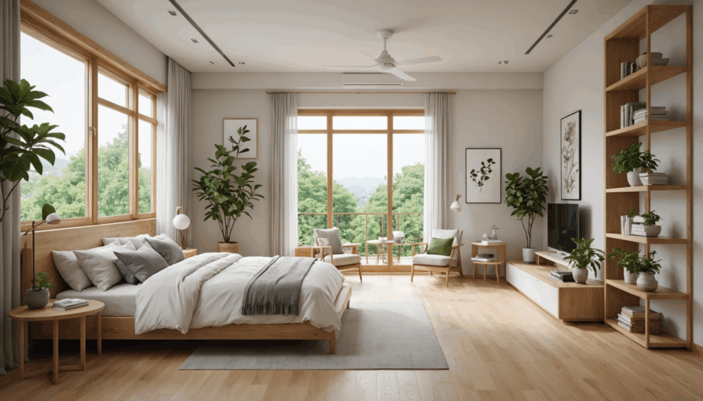 風水に基づいた清潔で調和の取れたインテリアの家の写真。植物や柔らかい色合いで整理整頓された玄関、寝室、キッチンが運気を高める様子。