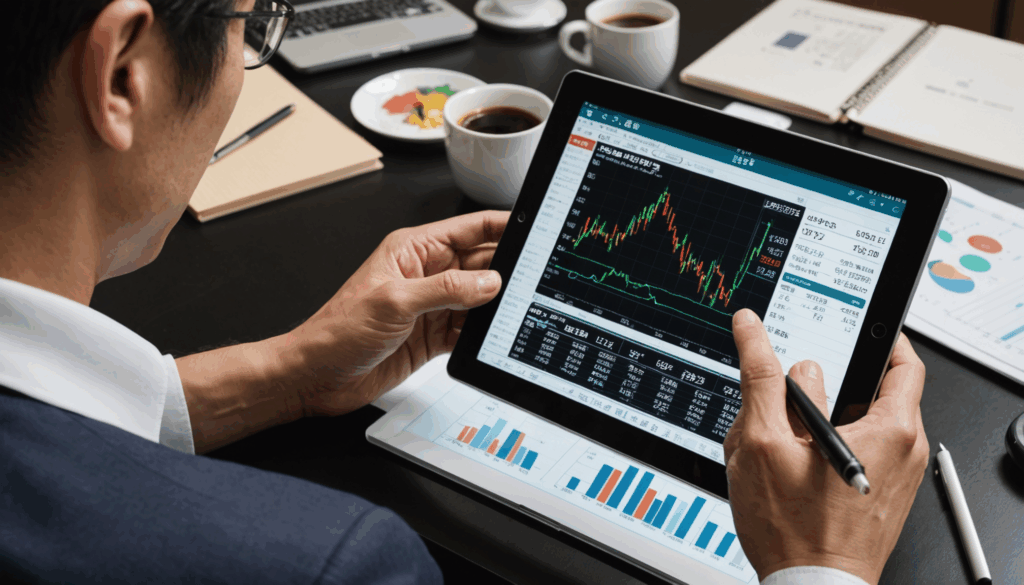 日本人がデジタルタブレットで株式市場のデータを分析している様子。周囲には投資や投機に関連する金融チャートやグラフが描かれています。