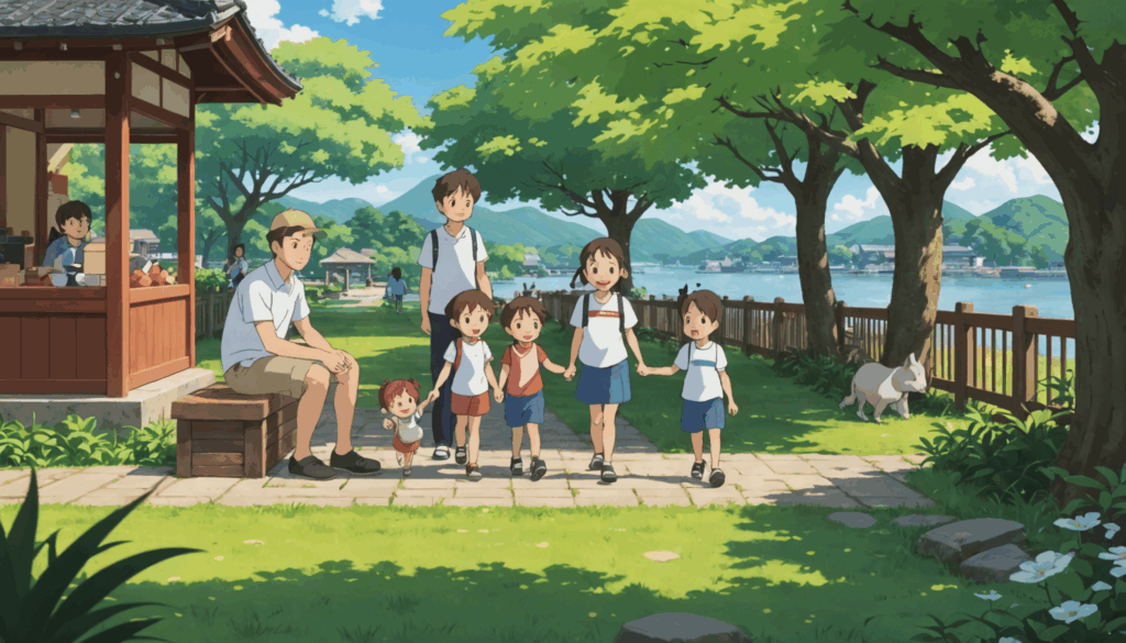 家族が関東地方で旅行を楽しんでいる写真。子連れの子どもたちが動物園や水族館を訪れ、子供向けのホテルで遊んでいる様子が描かれている。