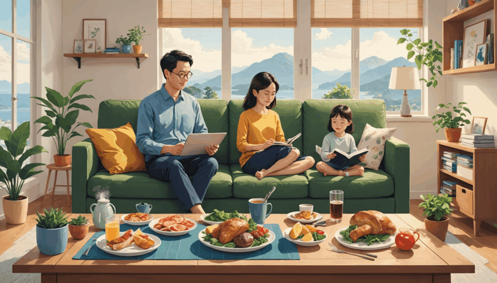 疲れた表情の人物がデスクに座り、書類やコーヒーカップに囲まれている様子。5月病によるストレスや疲れを象徴し、薄暗いオフィス環境がその疲労感を強調しています。