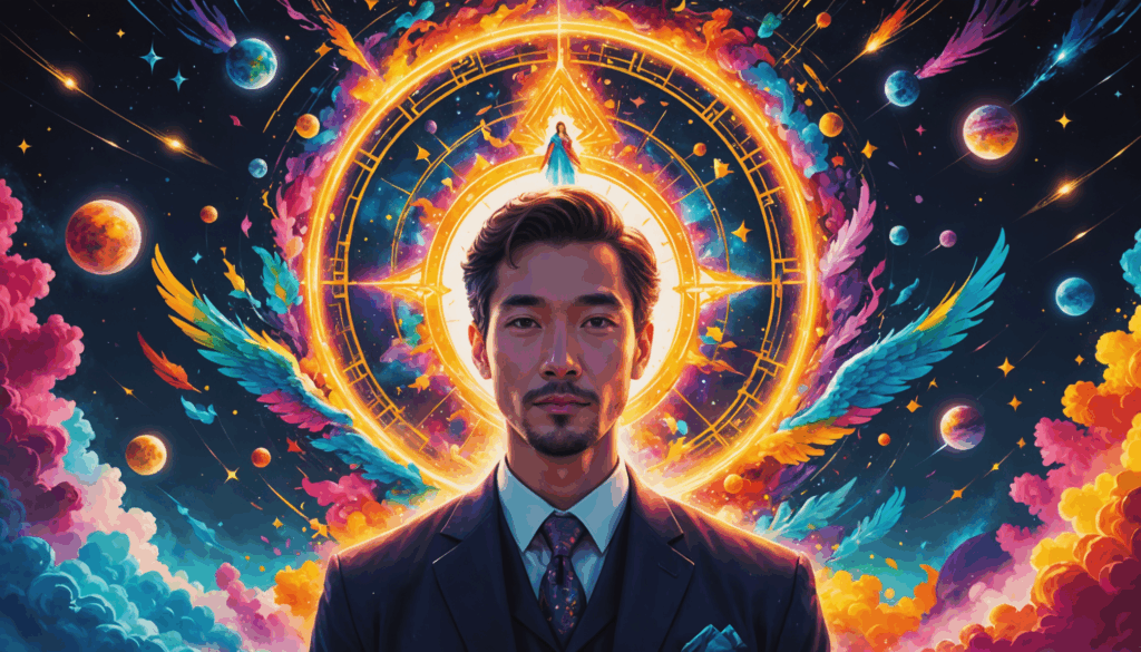明るい色彩に包まれた人物が光に囲まれ、引き寄せの法則を象徴する成功と幸せを表現している様子。