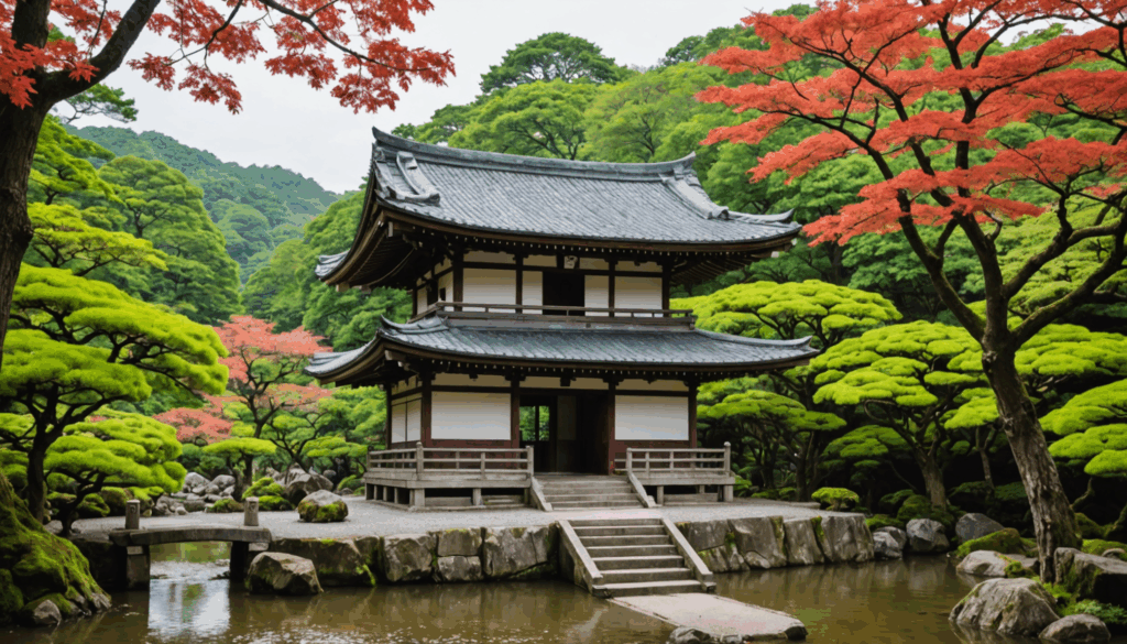 自然に囲まれた伝統的な神社の風景。悪縁を断ち切る祈願の場として、多くの参拝者が訪れる様子を表現しています。