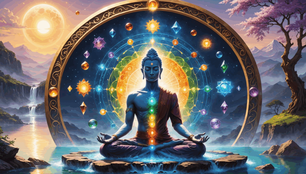 スピリチュアルヒーリングの技法を表現した静かな画像。エネルギーの流れやチャクラ、クリスタルが描かれ、癒しの効果を感じさせる様子。