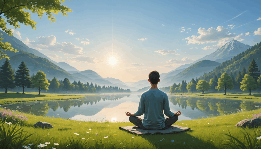 マインドフルネスの瞑想を行う初心者が、静かな環境で呼吸に集中している様子を捉えた写真。心の変化を体験し、ストレスを軽減する方法を実践しています。