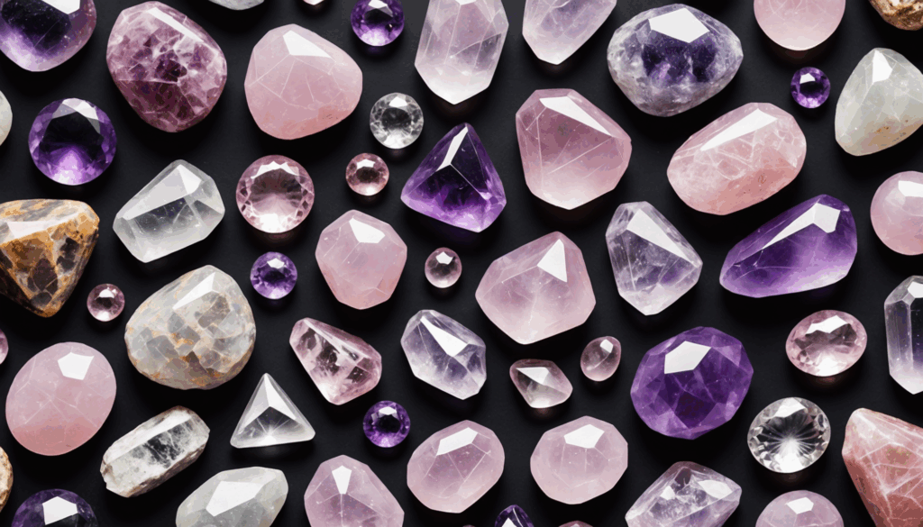 ローズクォーツやアメジストなどのパワーストーンが美しく並べられた写真で、自然の色合いを引き立てる柔らかな背景が特徴です。恋愛運を高める効果を持つ石たちの魅力が際立っています。