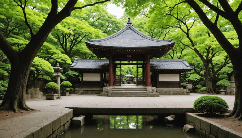 東京の神社の写真。縁結びのための祈願をする人々が、緑に囲まれた伝統的な建築の中でお守りを手にしている様子。