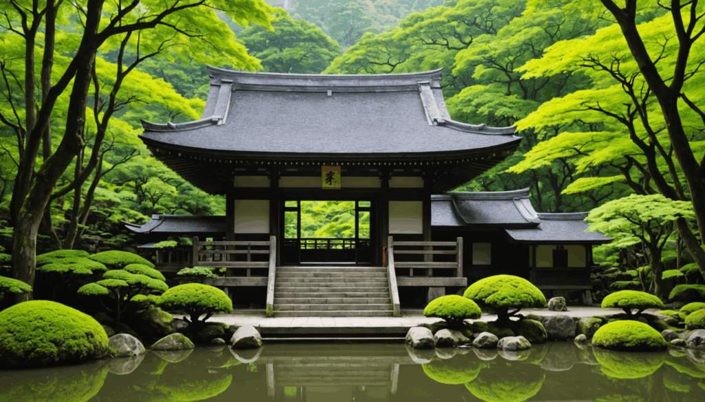 緑豊かな自然に囲まれた静かな神社の写真。パワースポットとしてのエネルギーを感じながら参拝する人々の様子が描かれています。