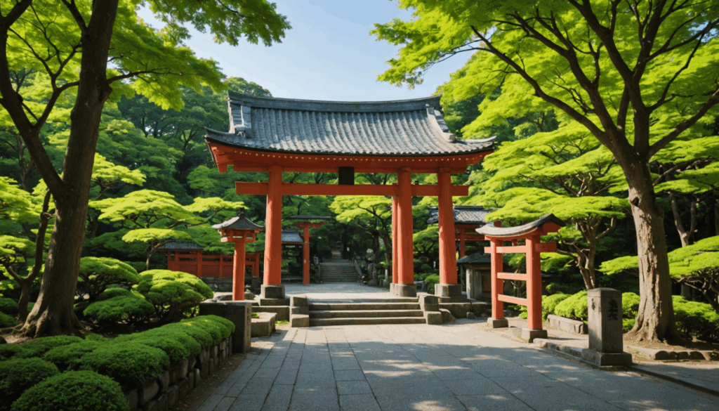美しい鳥居が立つ神社の写真。緑に囲まれた参道を通り、参拝の作法を感じる穏やかな雰囲気が漂う。