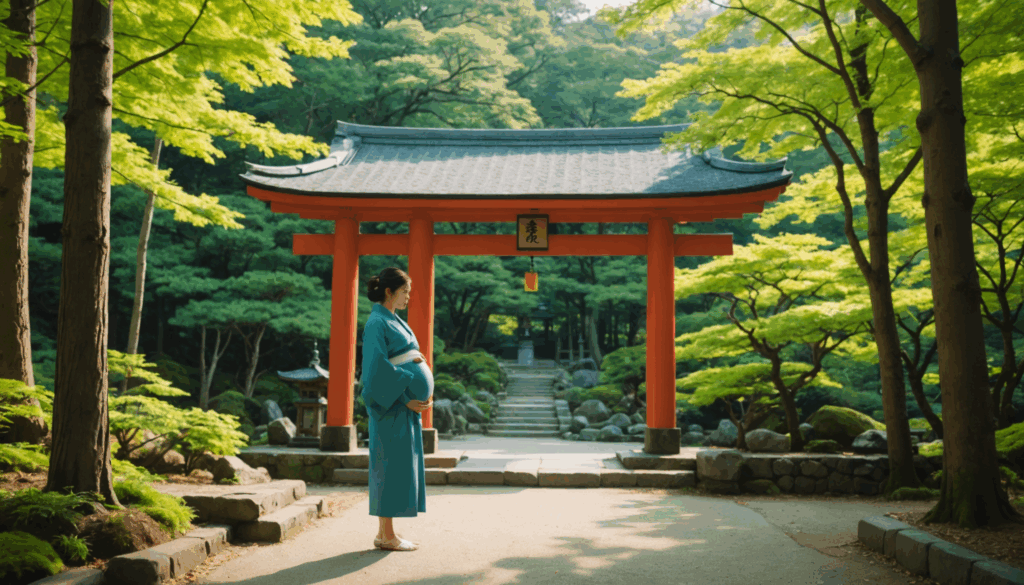 妊娠中の女性が自然に囲まれた神社を訪れ、安産祈願を行っている様子を描いた穏やかな写真。伝統的な服装や腹帯が見える。