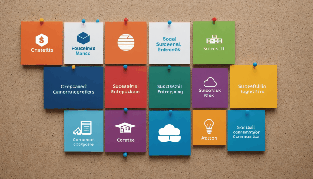 成功した起業家の特徴を表現した画像で、行動や社会的影響、好奇心、リスクを取る姿勢、忍耐力、コミュニケーションの要素が含まれています。