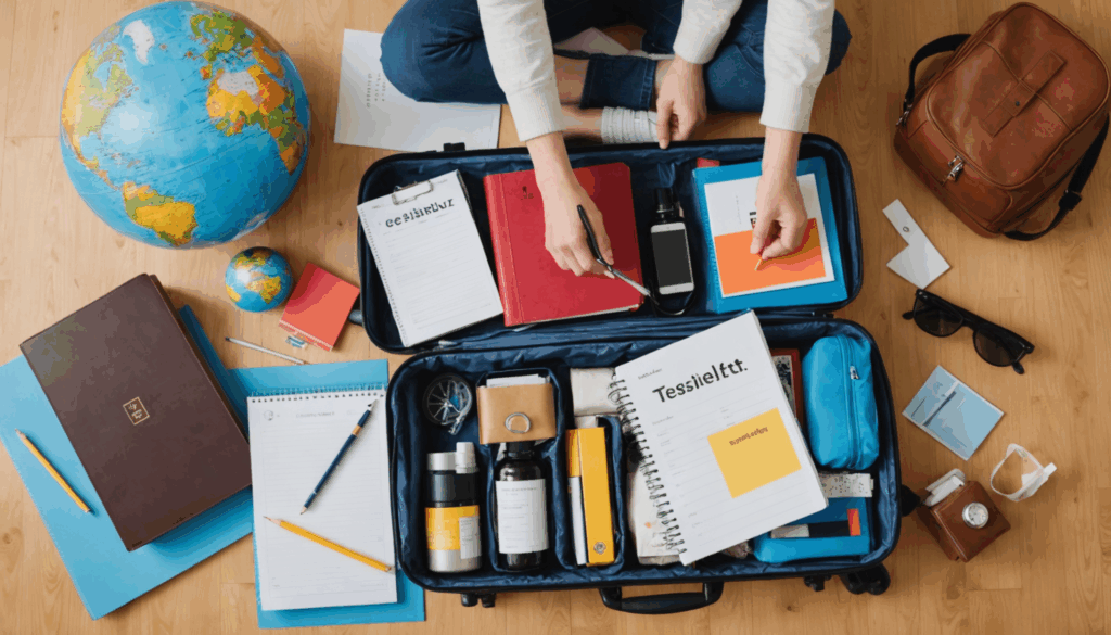 留学準備をする大学生がスーツケースに旅行必需品を詰め込んでいる様子。背景には地球儀と短期留学のチェックリストが見える