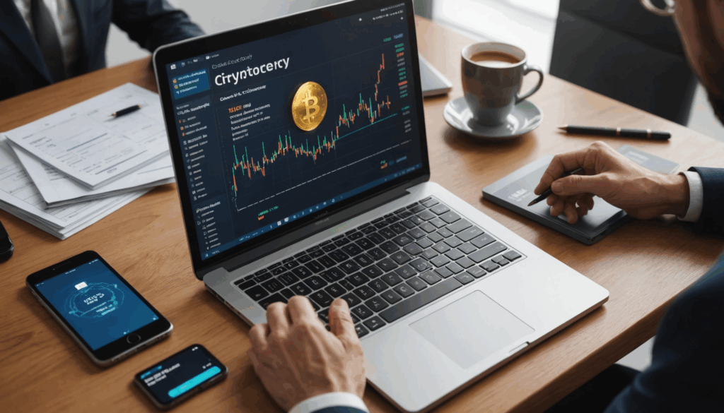 仮想通貨取引の準備をする様子を描いた写真。口座開設のための書類、銀行振込、クレジットカードが並んでいる。