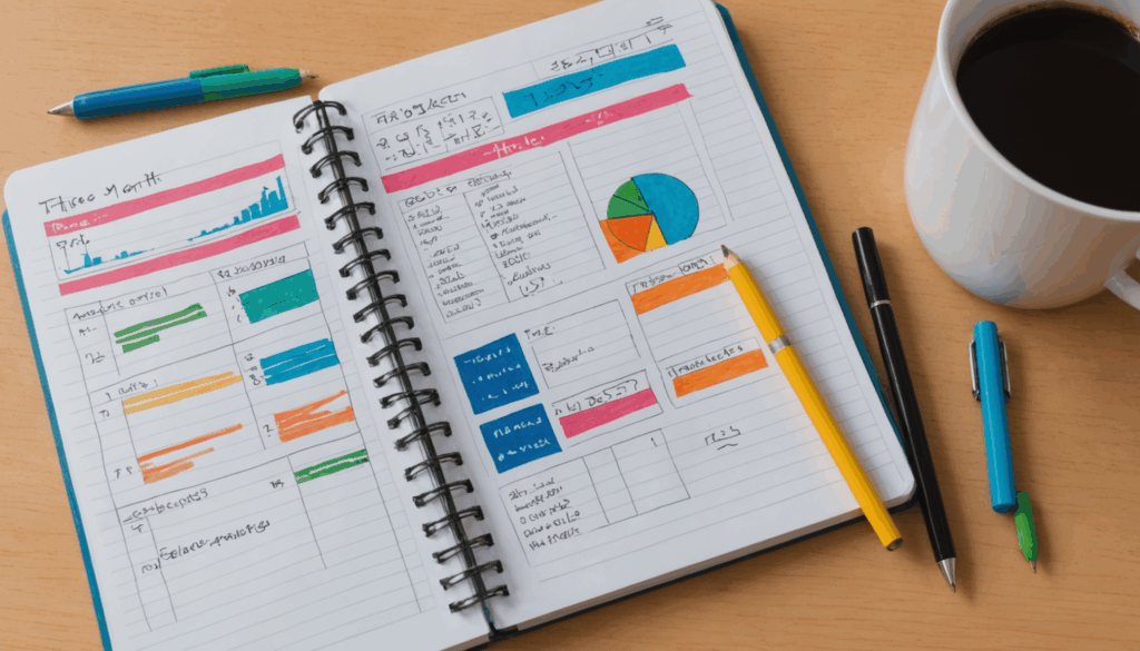 手書きのノート、Excelのスプレッドシート、スマートフォンの家計簿アプリを使ってお金の管理方法を示したイラスト。初心者でもわかりやすい家計の見える化を表現。