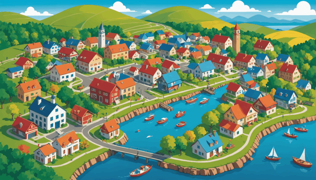 ふるさと納税の魅力を表現したイラストで、地域の特産品と活気ある風景を通じて寄附の重要性を伝えています。