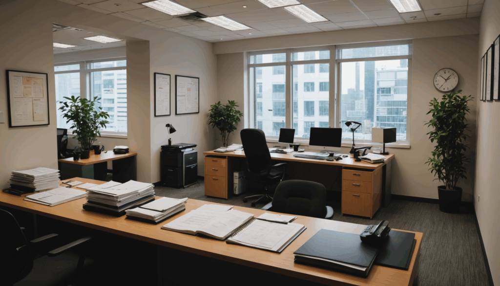 プロフェッショナルなオフィス環境の写真。節税や控除に関する書類や計算機が整然と並び、落ち着いた雰囲気で計画性を感じさせる。