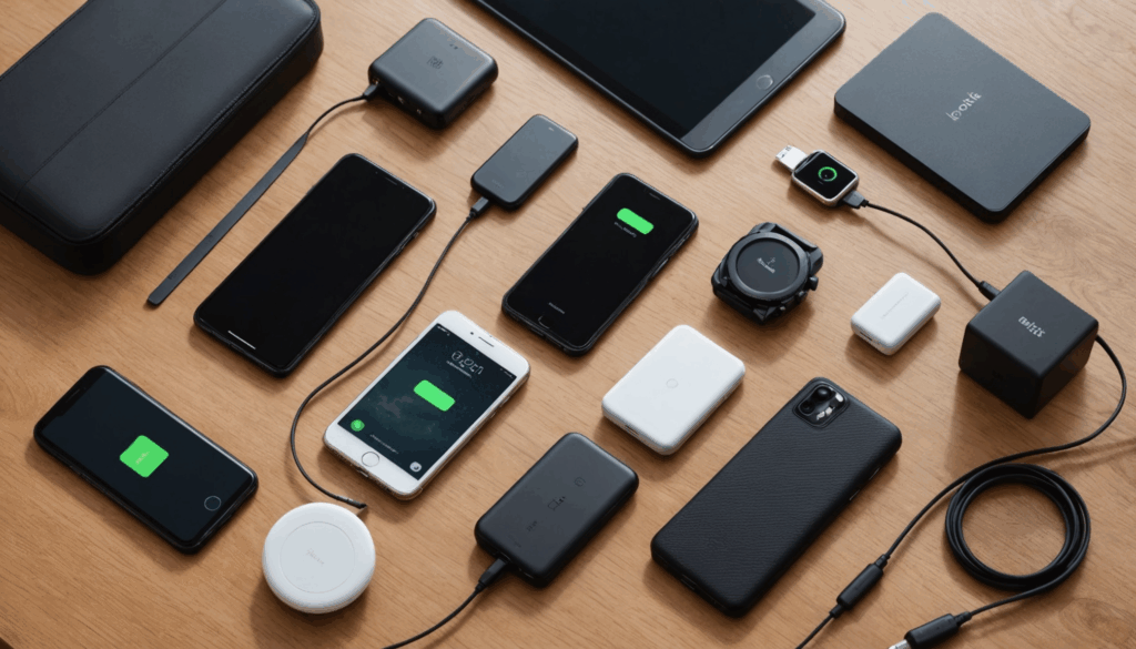 男性向けのガジェットポーチの写真。おしゃれなモバイルバッテリーやワイヤレス充電器、スマートリモコンが収納されている様子