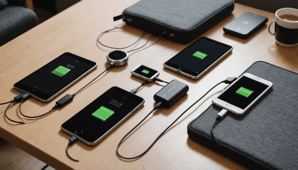 軽量なモバイルバッテリーが旅行用テーブルの上に置かれ、スマートフォンとタブレットが並ぶ様子。コンパクトなデザインで、USB充電の利便性を強調