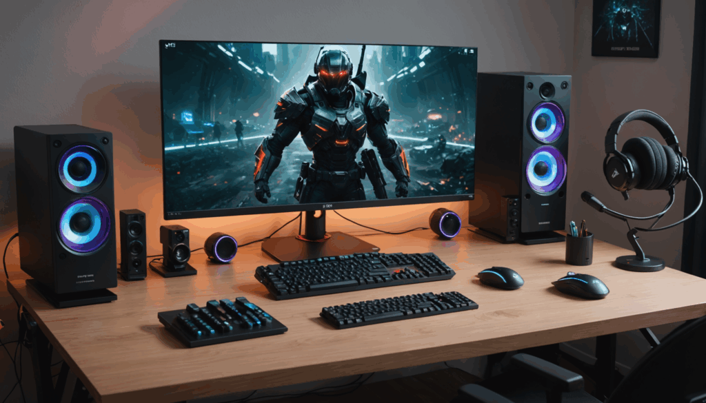 ゲーミングPCを使用したスタイリッシュなデスク周りの写真。モニター、キーボード、マウス、ヘッドセットなどのアイテムが整然と配置されている
