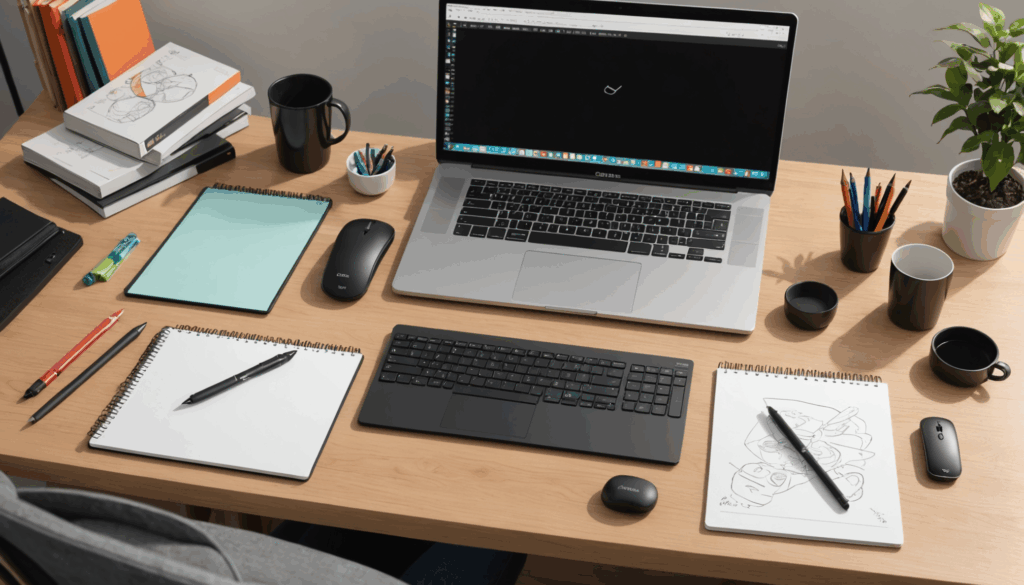 初心者向けのペンタブレット設置の写真。デジタルイラストを描いている様子が、快適な作業スペースで自然光の中に映し出されています。