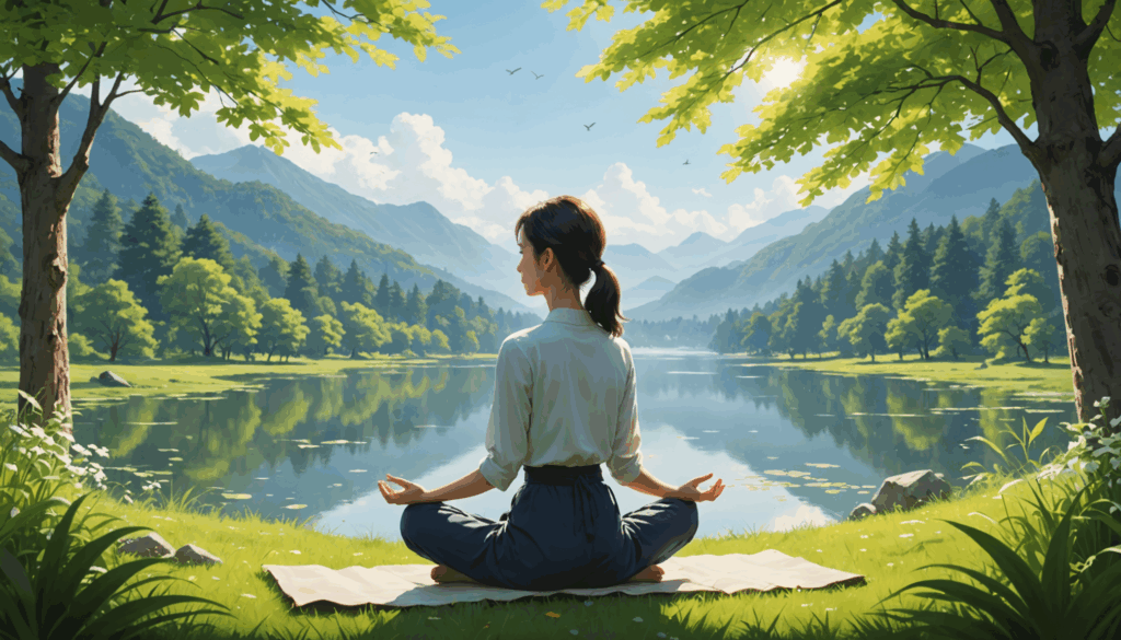 自然の中で深呼吸をしている女性の写真。リラックスした雰囲気で、ストレス発散の方法を実践している様子が伝わる。