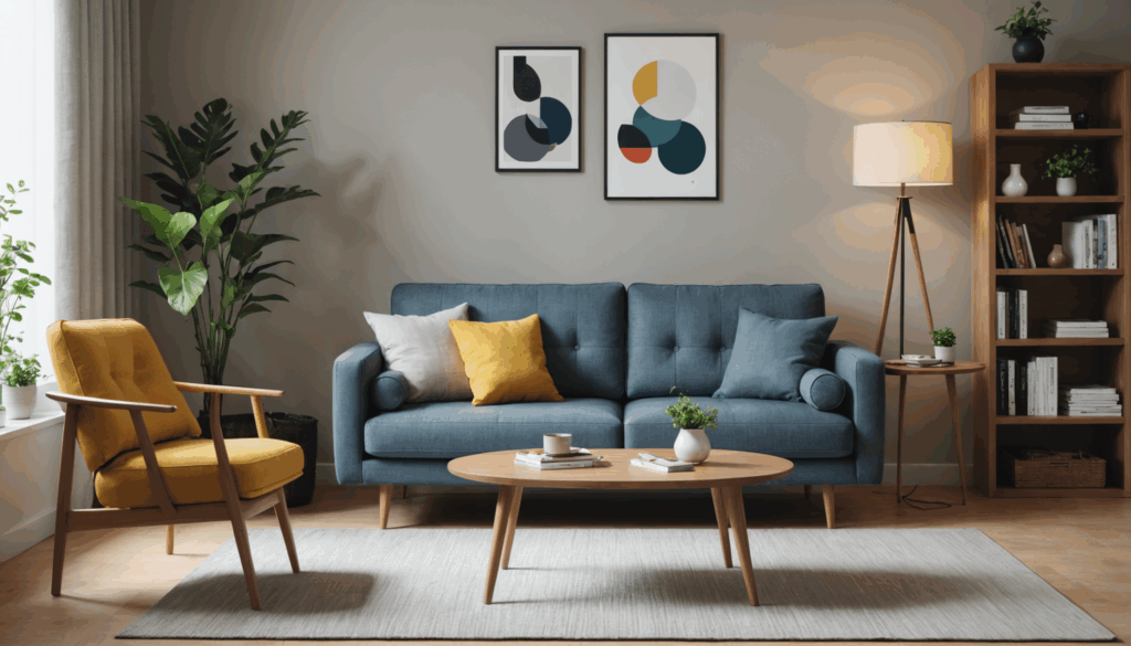 おしゃれな一人暮らしの部屋に、コンパクトなソファと椅子が配置され、スペースを有効活用したインテリアが特徴的な様子。