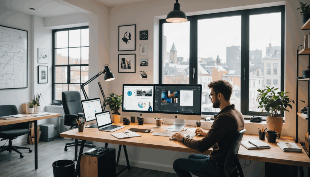 自宅の快適なオフィスで、起業家がノートパソコンとノートを使いながらビジネスの決断を考えている様子。