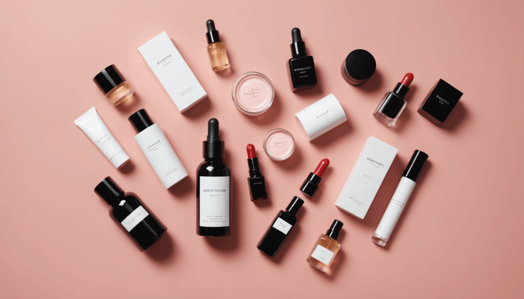 美容商品のサブスクの写真。香水ボトルやスタイリッシュなパッケージが並ぶ様子。