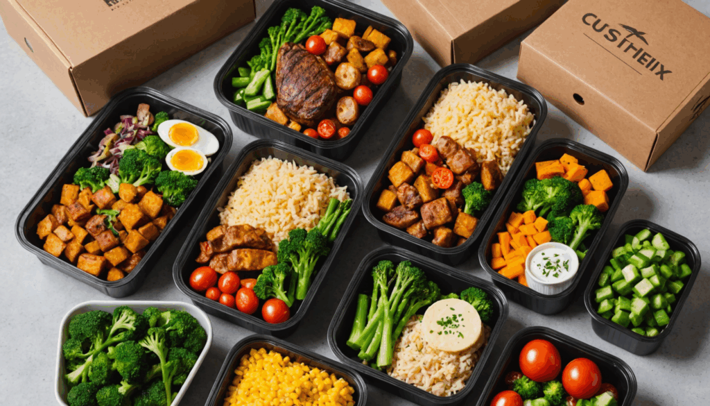 宅配弁当の写真。栄養バランスの取れた料理が詰まった美味しいお弁当が、温かみのあるキッチンの背景で魅力的に並んでいる様子。