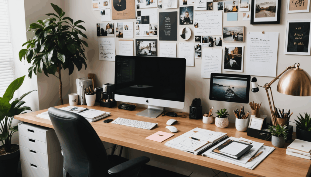 キャリアアップを目指す女性が、仕事とライフイベントのバランスを考えたビジョンボードを前にするインスピレーショナルなワークスペースの写真。