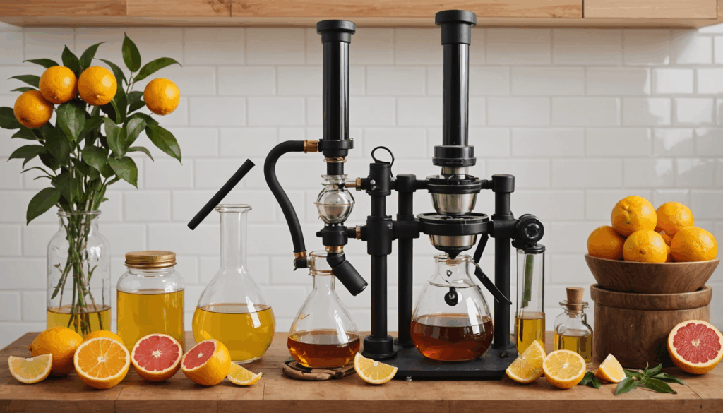 精油の抽出方法を示す画像で、柑橘類の冷圧搾、ハーブや花の水蒸気蒸留法、溶剤抽出の実験室が描かれ、自然で落ち着いた色合いが強調されています