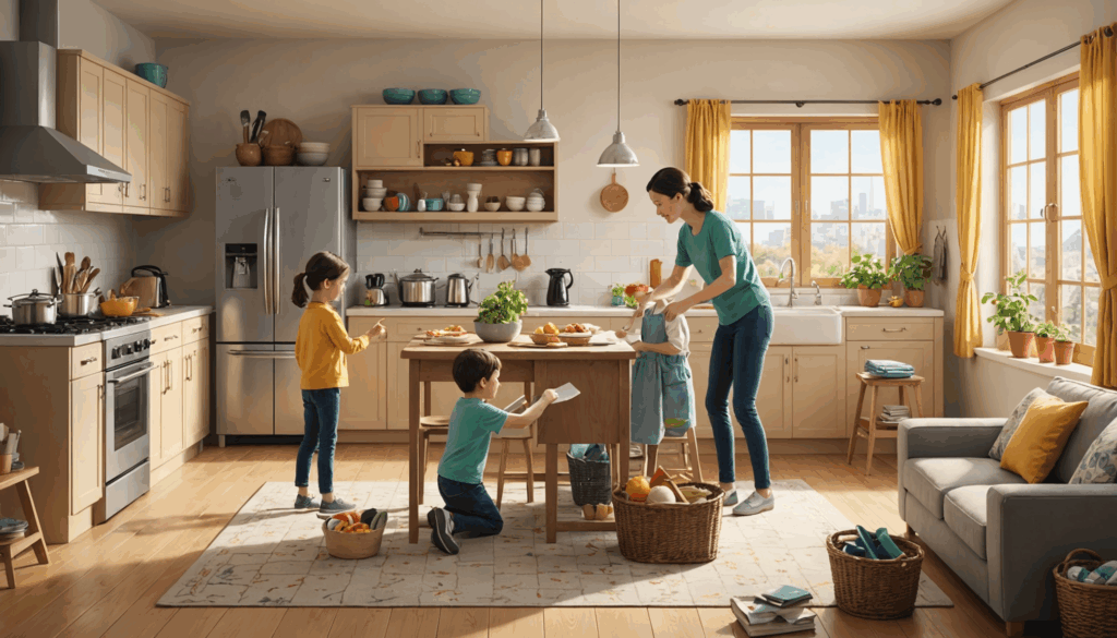 新しい環境への適応によるストレスを表現したイラストで、疲れや不安、リラックスの重要性を示しています。5月病や自律神経の症状に関連する要素が含まれています。