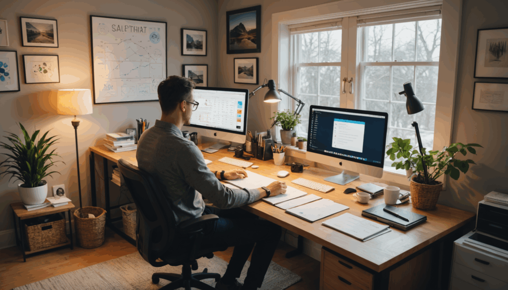 自己成長を象徴する画像で、学びや成長を表す本や卒業帽、テクノロジー関連の要素が描かれています。年収や転職に役立つスキルの向上をイメージしやすい内容です。