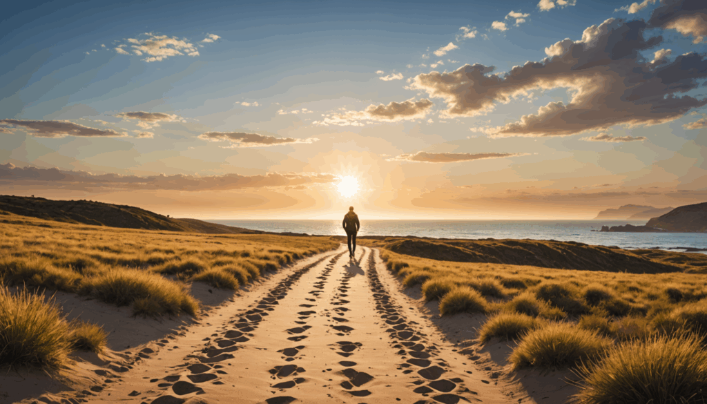 明るい地平線へ続く道を描いた写真。足跡や輝く太陽を通じて、ポジティブな思考と目標設定の重要性を表現している。