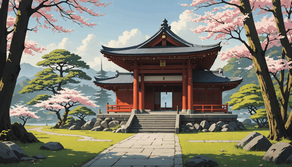 自然に囲まれた伝統的な神社の風景。悪縁を断ち切る祈願の場として、多くの参拝者が訪れる様子を表現しています。