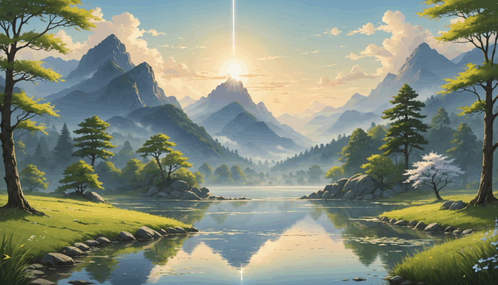 穏やかな自然の風景と柔らかな光が広がるヒーリングの空間で、スピリチュアルな癒しのエネルギーが流れる様子。