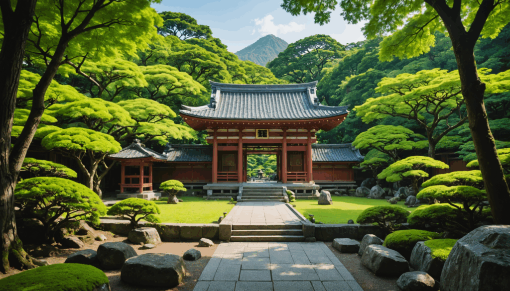 緑豊かな自然に囲まれた神社の写真。伝統的な建築様式が見られ、参拝者が願いを込めて祈願する穏やかな雰囲気。