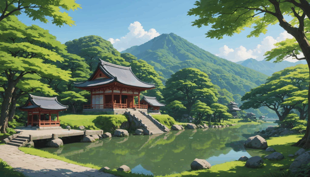 茨城の自然美を背景にした静かな神社の風景。緑豊かな環境に囲まれたパワースポットで、参拝者が訪れる様子が想像できる。