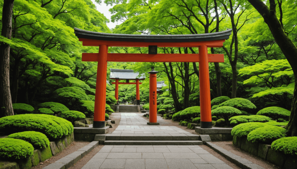 神社の鳥居が立つ入口の写真。静かな雰囲気の中、参道に沿った緑豊かな景観が広がっている。